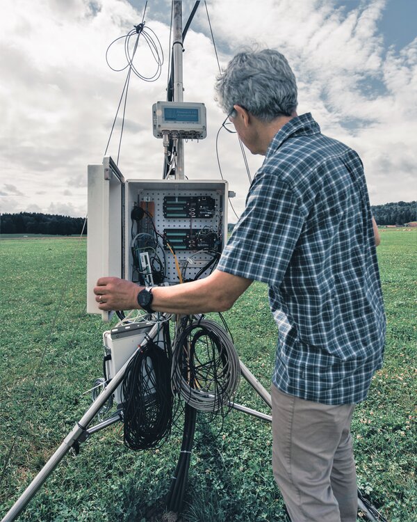 Die Bewirtschaftung von Grünland spielt eine wichtige Rolle für den Kohlenstoff- kreislauf und den CO2-Austausch mit der Atmosphäre. Am Standort Fendt im Voralpenland werden Treibhausgas- messungen unter der Leitung von HaPe Schmid (Foto) durchgeführt Die Bewirtschaftung von Grünland spielt eine wichtige Rolle für den Kohlenstoff- kreislauf und den CO2-Austausch mit der Atmosphäre. Am Standort Fendt im Voralpenland werden Treibhausgas- messungen unter der Leitung von HaPe Schmid (Foto) durchgeführt. Die Messungen sind Teil des deutschen Beitrags zu ICOS (Integrated Carbon Observation System)