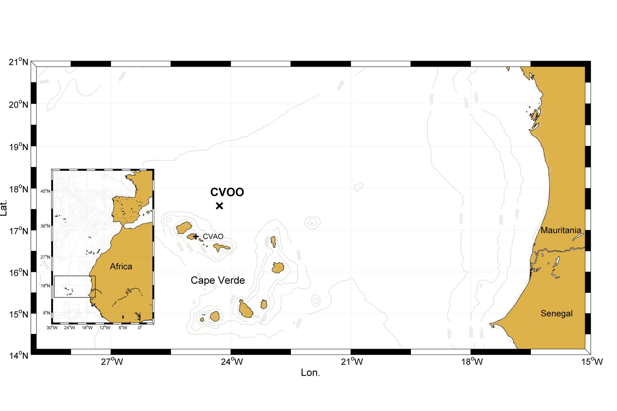 Lage der atmosphärischen (CVAO) und ozeanischen (CVOO) Zeitserienstation bei den Kapverdischen Inseln